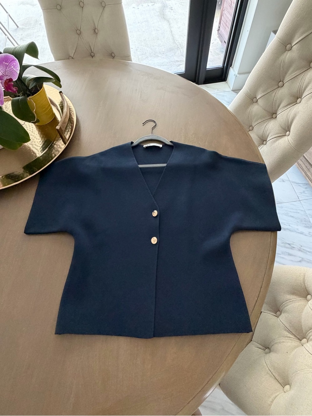 Zara Navy Short Sleeve Button Front Top